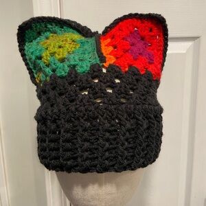 Handmade Crochet Cat Animal Ear Beanie Hat Cozy Ribbed Brim Stretch Winter Hat